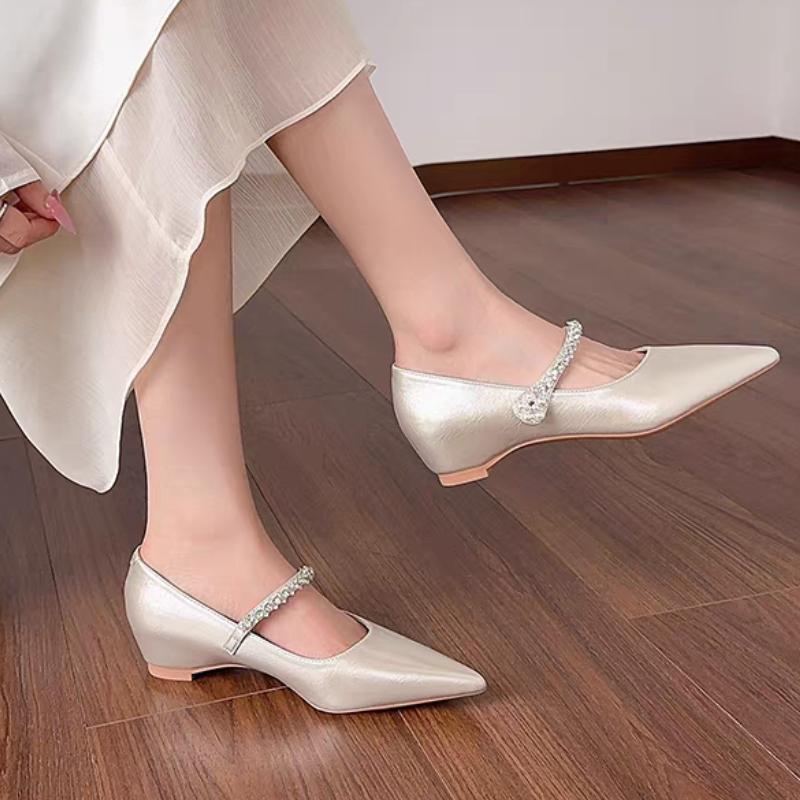 Fashion Fashionable and Elegant Inside Heightened Single Shoes Autumn New Pointed Toe  Rhinestone Soft Sole Wear-resistant Flats