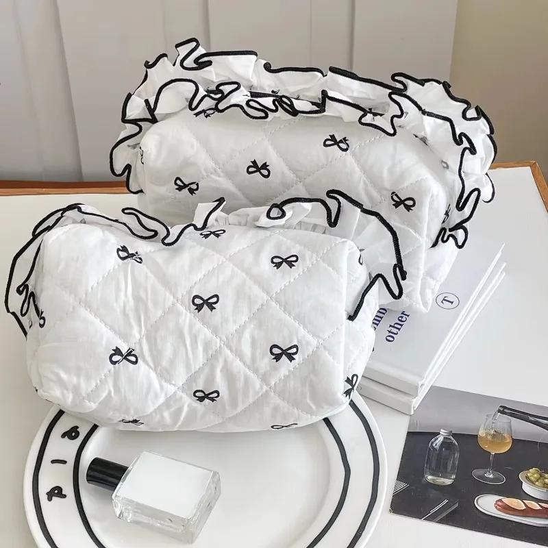 Women Lace Bow Makeup Bag Cute Quilted Cotton Travel Toiletry Pouch Large Capacity S