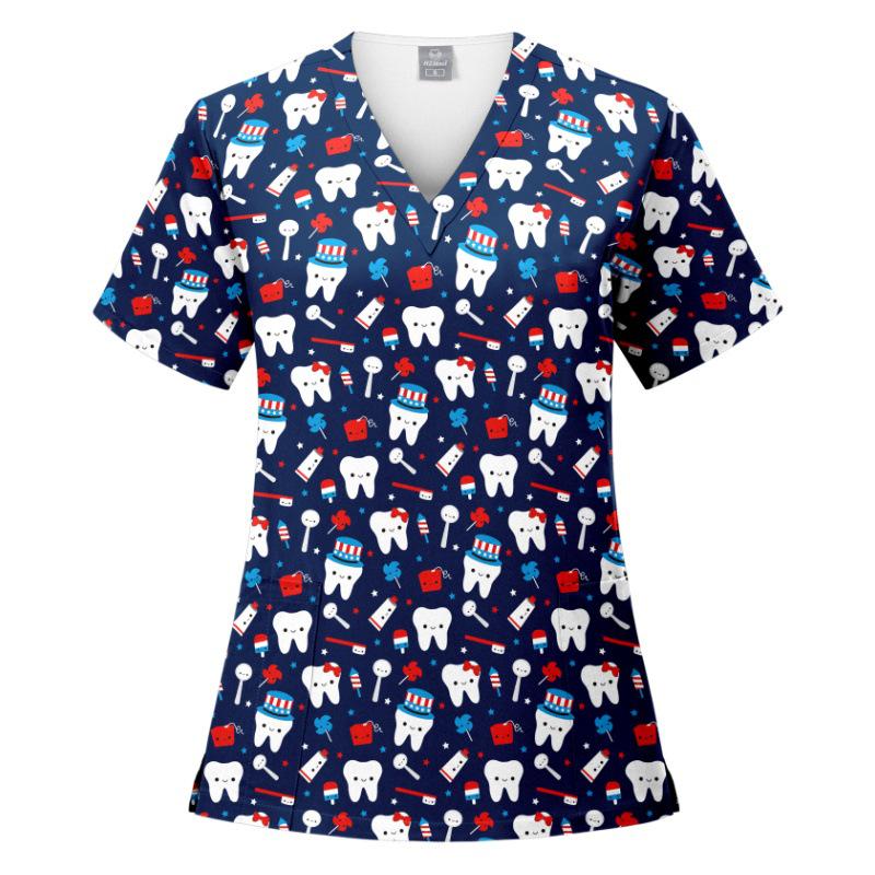 V-Neck Short Sleeve Printed Scrub Suit for Dental Clinics and Hospitals