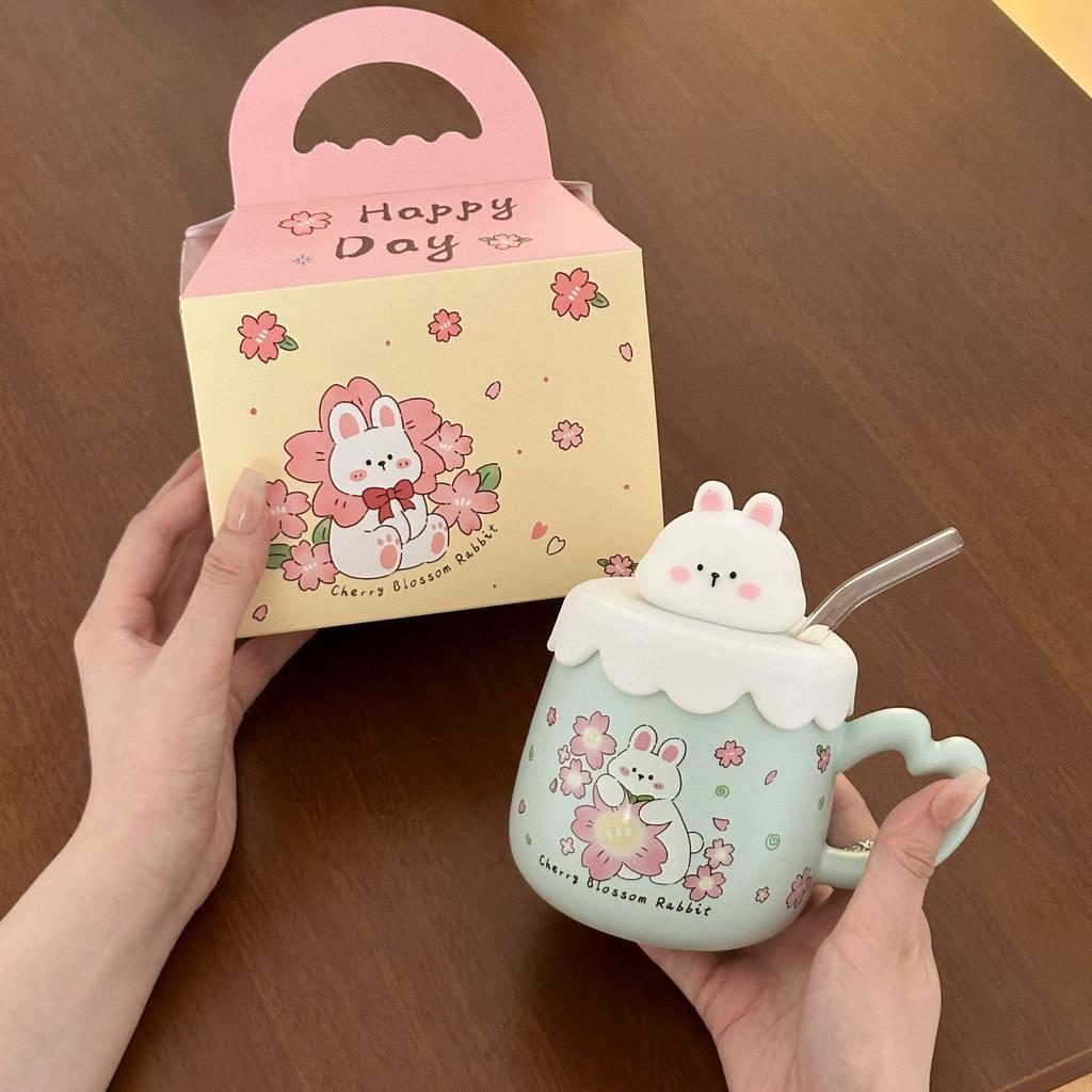 Rabbit Straw Mug with Lid Fairy Cup Cute Office Home Bestie Ceramic Water Cup Birthday Gift