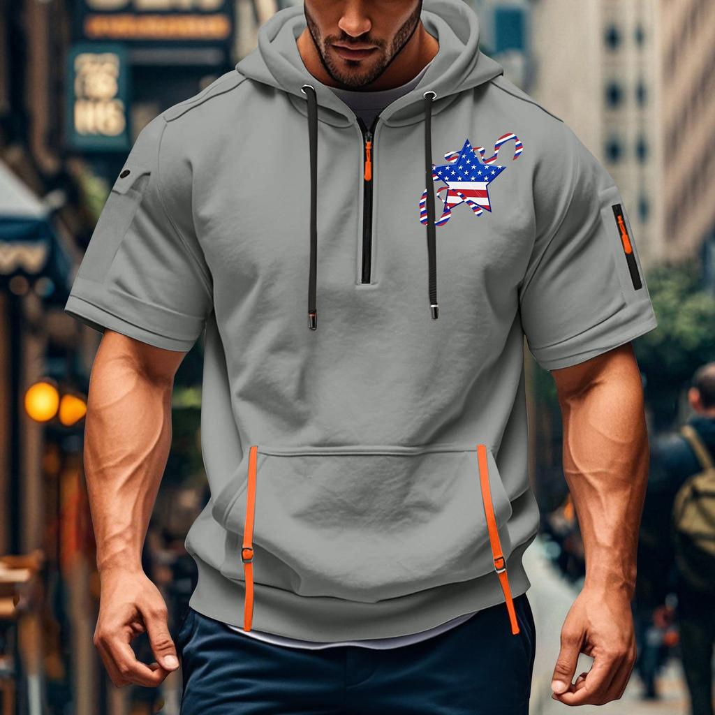 Men's Summer Shirt Print Zipper Pocket Short Sleeve Hooded Sweatshirt Men's Sports Large Size Casual Sweatshirt