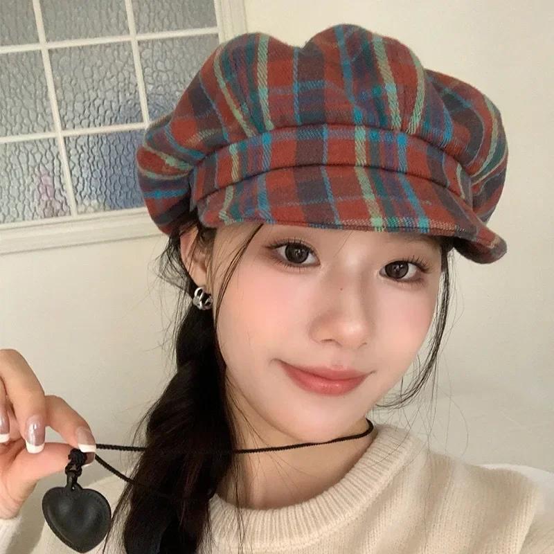 Vintage Plaid Newsboy Cap - 8-Panel British Baker Boy Hat for Women, Slimming Face Retro Flat Cap