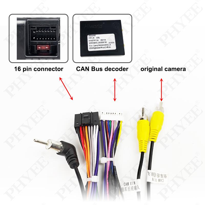 CAN Bus Wiring Harness 28/24/16 Pin, SWC & Reverse Camera Retention, 16Pin Android, for Toyota Corolla, Camry, RAV4, Yaris, CHR