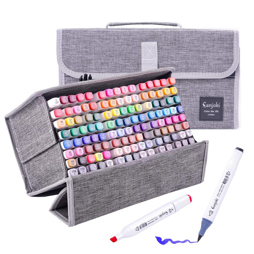 Sanjoki Marker Pen Set, 120 Colors, Soft Brush, Thick and Fine Double-Ended, Hobby Art Supplies, Carrying Case Included