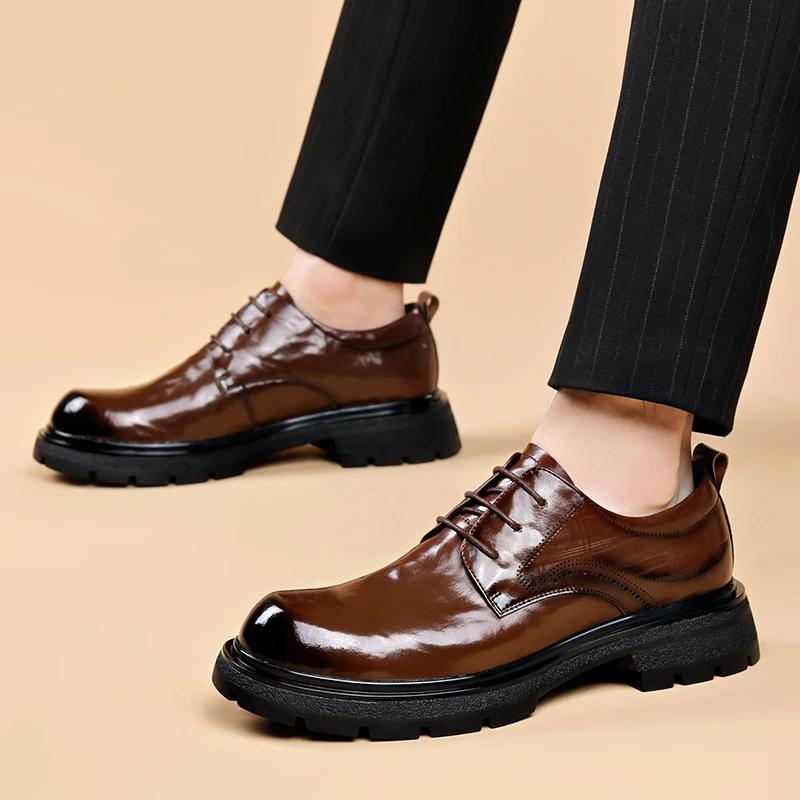 Fashion Men Leather shoes Platform Oxfords lace up Thick Tottom For Male Derby Shoes Casual oxfords Mens Square Toe Formal Dress Shoes