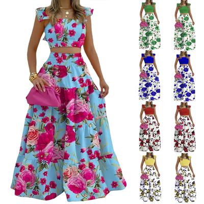 Conjunto de Vestido de Dos Piezas Elegante y Casual para Mujer, Estampado Floral, Cintura Media, Sin Tirantes, Falda Amplia