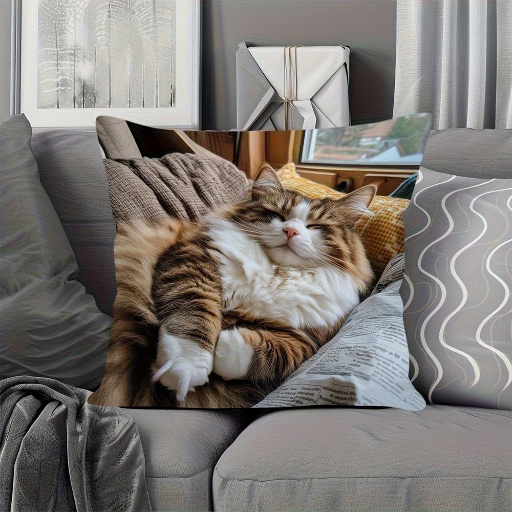 2D flat- Cozy Sleeping Fluffy Tabby Cat Throw Pillow Cover Warm Home Decor Cushion Case for Sofa Bedroom