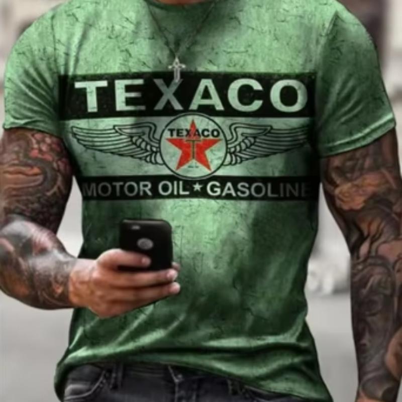 Ny herre-t-skjorte Texaco Bensin+Motorolje Bokstaver 3D-trykt Kortermet Sommer Oversized Rund hals Retro Herre-t-skjorte
