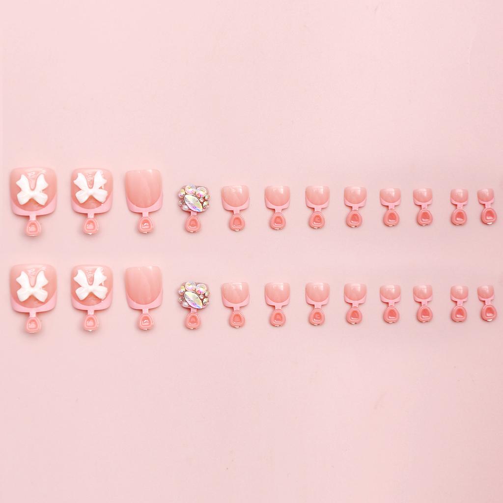 24PCS French Tip Acrylic Press On Toenails False Toe Nail with Bows and Rhinestones Short Nail Tips for Women and Girls