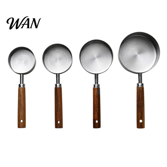 Durable Baking Tools 4Pcs Gold-Plated Stainless Steel Measuring Spoons & Cups Set, Precision with Kitchen Spoon Set Wood Handle, Nested Food Grade Kit