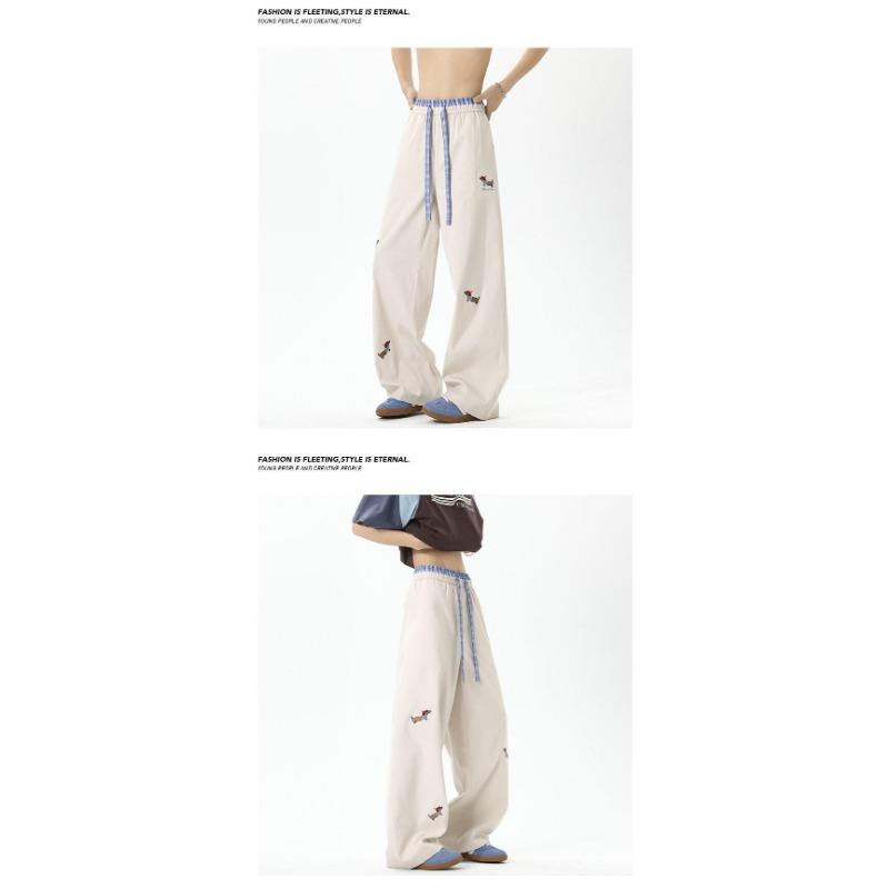 Vintage Puppy Embroidery Loose Wide Leg Double Waist Casual Fleece Long Pants For Men