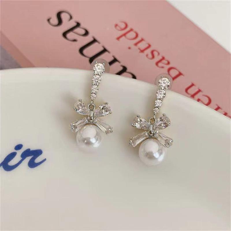 Exquisite Bow Pearl Drop Dangle Earrings For Women Bling Zircon Bowknot Stud Earrings Girl Wedding Party Sweet Jewelry