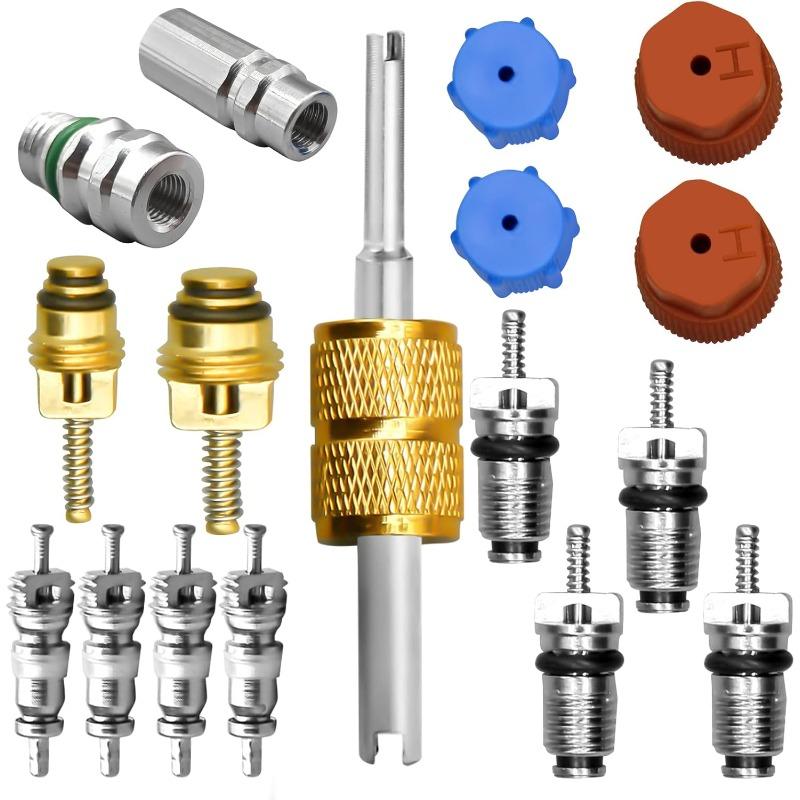 Air conditioning valve core kit, including R12 and R134a refrigeration system, AC service port cap, sealing plug, AC valve core removal tool, service 17PCS