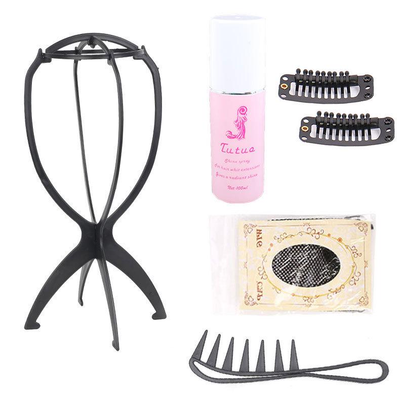 

Набор для ухода за париком: Сетка для волос, Средство против пушистости, Подставка для парика, Расческа с хвостиком, Бигуди, Невидимки, Пленка