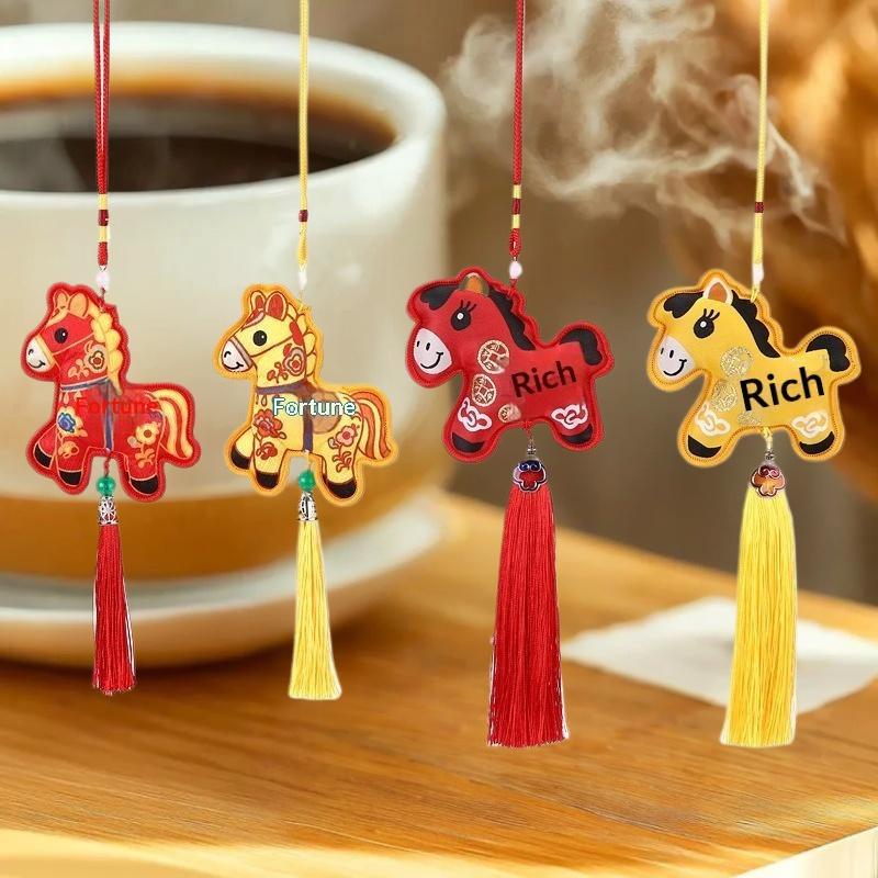 Chinese Style Zodiac Mascot Pendant Blessing Embroidery Lucky Fragrant Bag With Tassels Horse Incense Bag Car Hanging