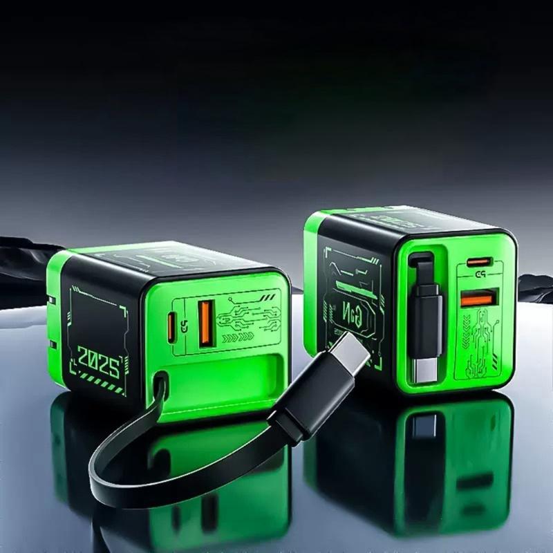 Portable Fast Speed 67W Charging Adapter With Retractable Cord Cable Double USB A+C Port For Phone Tablet Laptop Devices