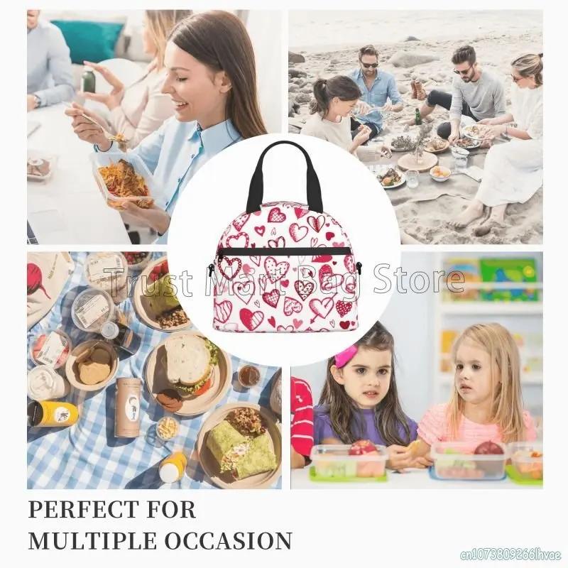 Love Hearts Pattern Insulated Lunch Bag Leakproof Cooler Thermal Bento Tote Bag Red Love Heart Lunch Box for Work Picnic Beach