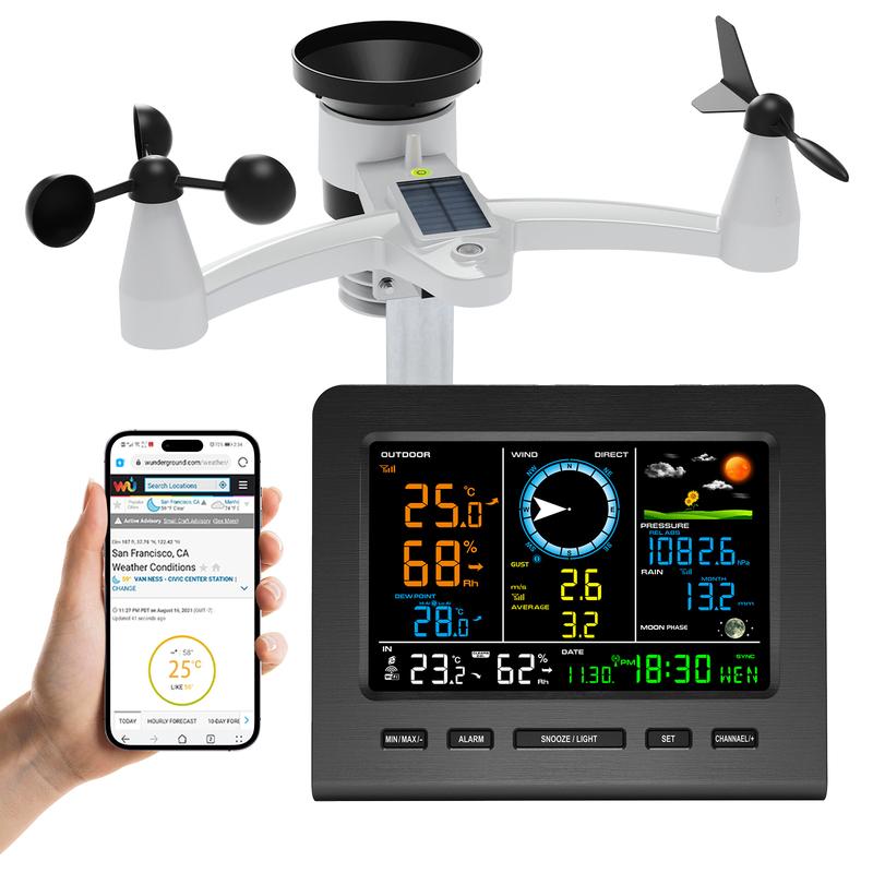 Stazione Meteorologica Wireless 8-in-1 con Sincronizzazione WiFi Sensore Esterno Alimentato a Energia Solare Temperatura/Umidità/Vento/Pioggia/Pressione in Tempo Reale per la Casa