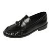 Fashion Black Patent Leather Chunky Heel Loafers Fashion Pleated Fringe Sewing Designer Shoes Comfortable Soft Leather Zapatos De Mujer