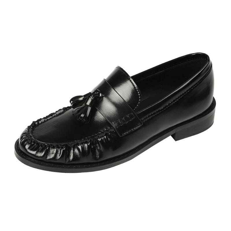 Fashion Black Patent Leather Chunky Heel Loafers Fashion Pleated Fringe Sewing Designer Shoes Comfortable Soft Leather Zapatos De Mujer
