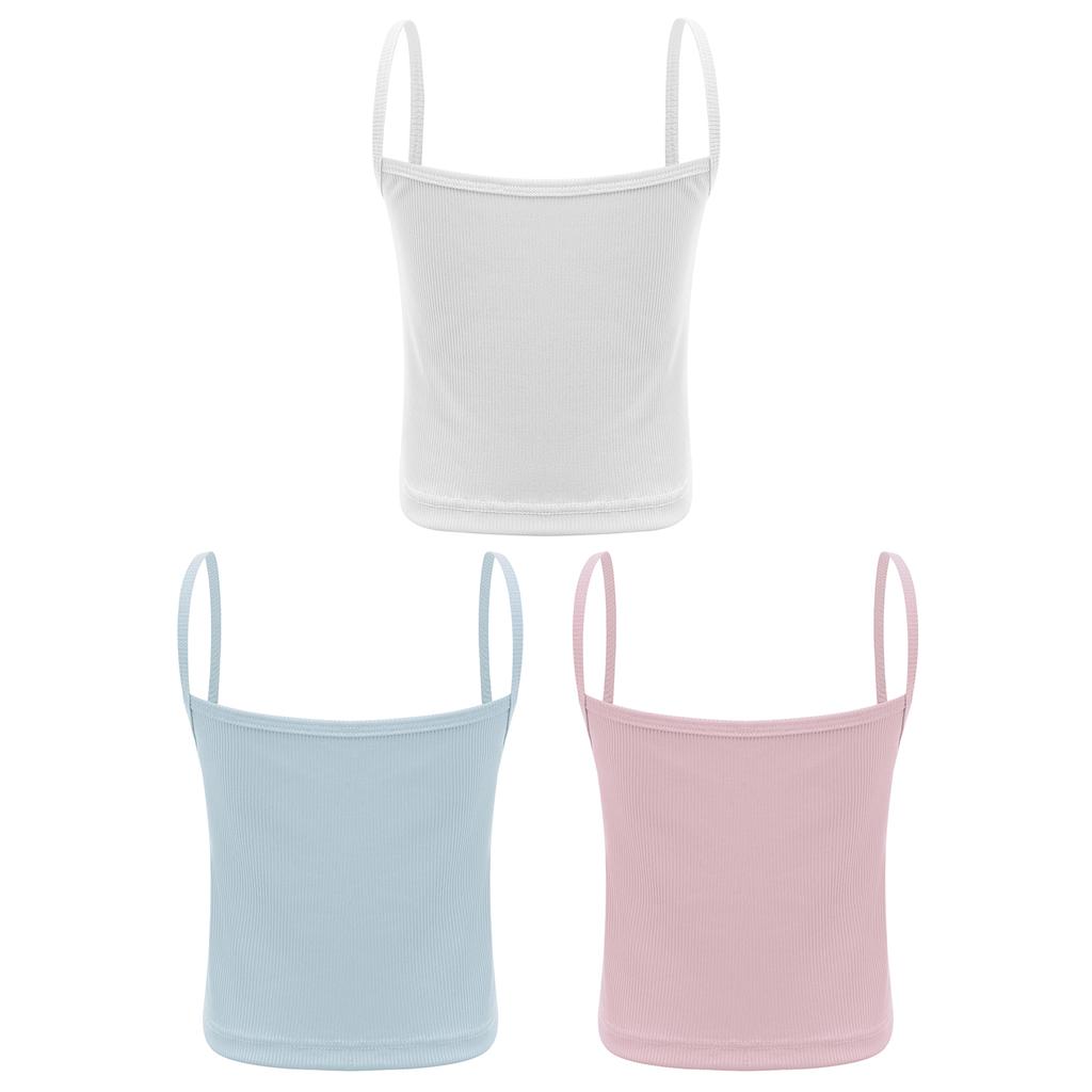 Set da 3 pezzi per bambine: canottiera a costine, top corto senza maniche con spalline sottili, tinta unita, per sport e allenamento di danza