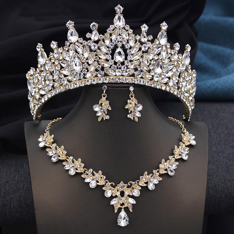 Golden AB 3 Pcs Tiaras and necklace earrings for Bridal Jewelry Sets Women Brides Wedding Crown Prom Birthday Accessories