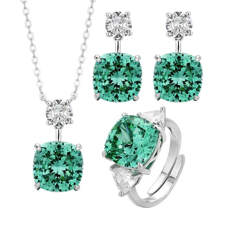 Exquisite Square Cut Green Crystal Jewelry Necklace Adjustable Ring Earrings Dress Accessories Design Trendy Fashion for Women