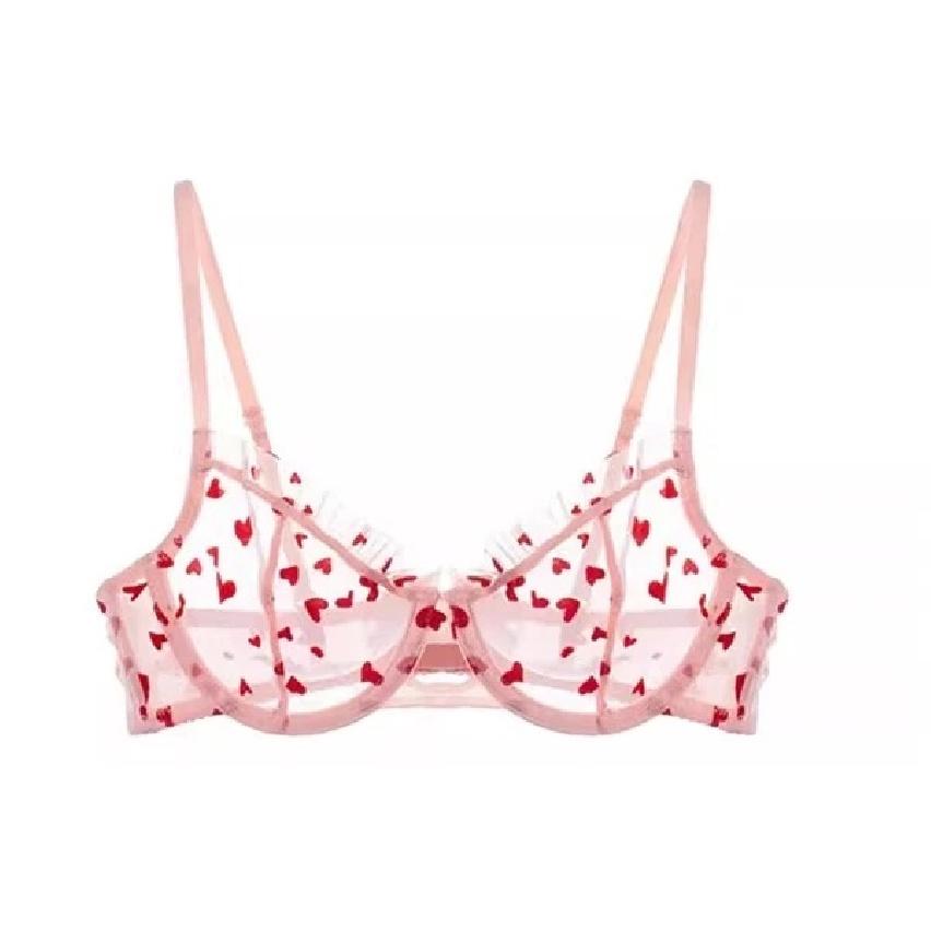 French Heart Print Transparent Lingerie Set Ultra Thin Underwire Bra Lace Sexy Push Up Gathering Small Breast Boost Hot Selling