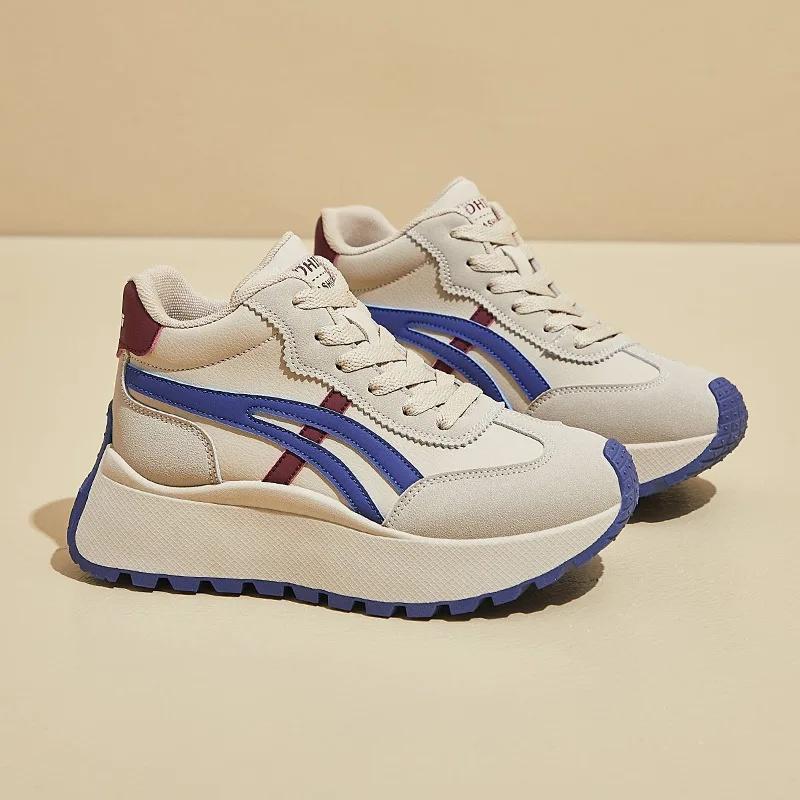 2025 Spring Thick Bottom Women's Shoes Casual Patchwork Leather Sneakers Casual Vulcanised Shoes Student Femme Shoes