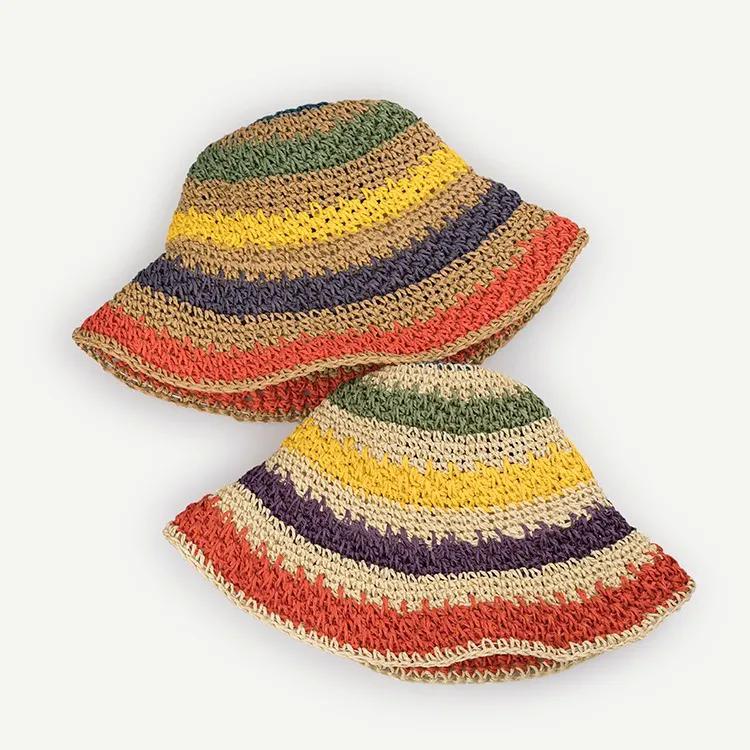 WTEMPO Coloful Striped Hollow-out Sun Hats Retro Elegant Summer Beach Sunscreen Hats Wide Brim Foldable Large Hats