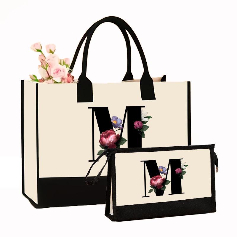 Canvas Shoulder Bag Makeup Set with Color Block Print & Portable Zipper Clutch