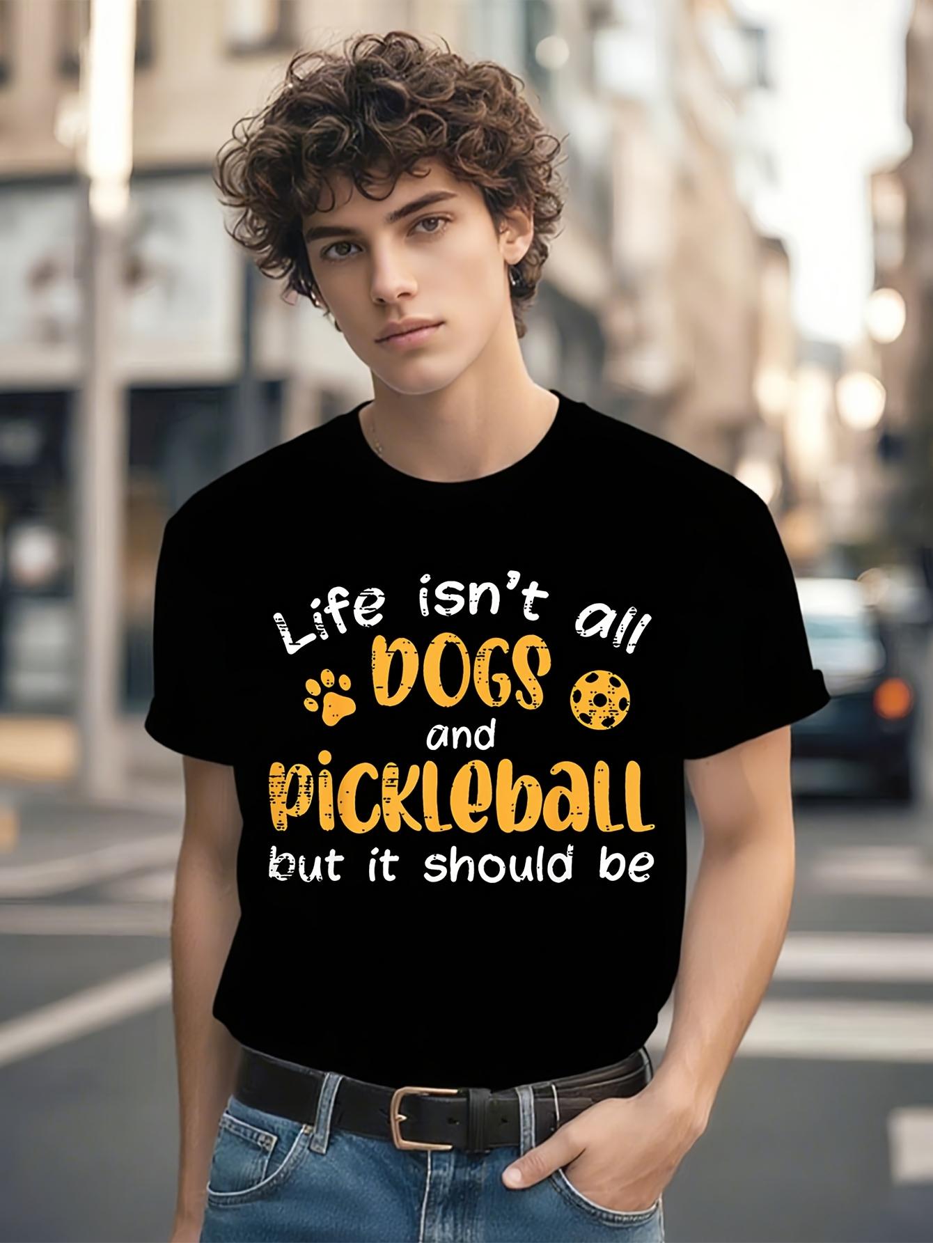 Casual Cotton T-shirt with Life Isn t All Dogs And Pickleball Print - Black with Orange & Yellow Graphic XL
