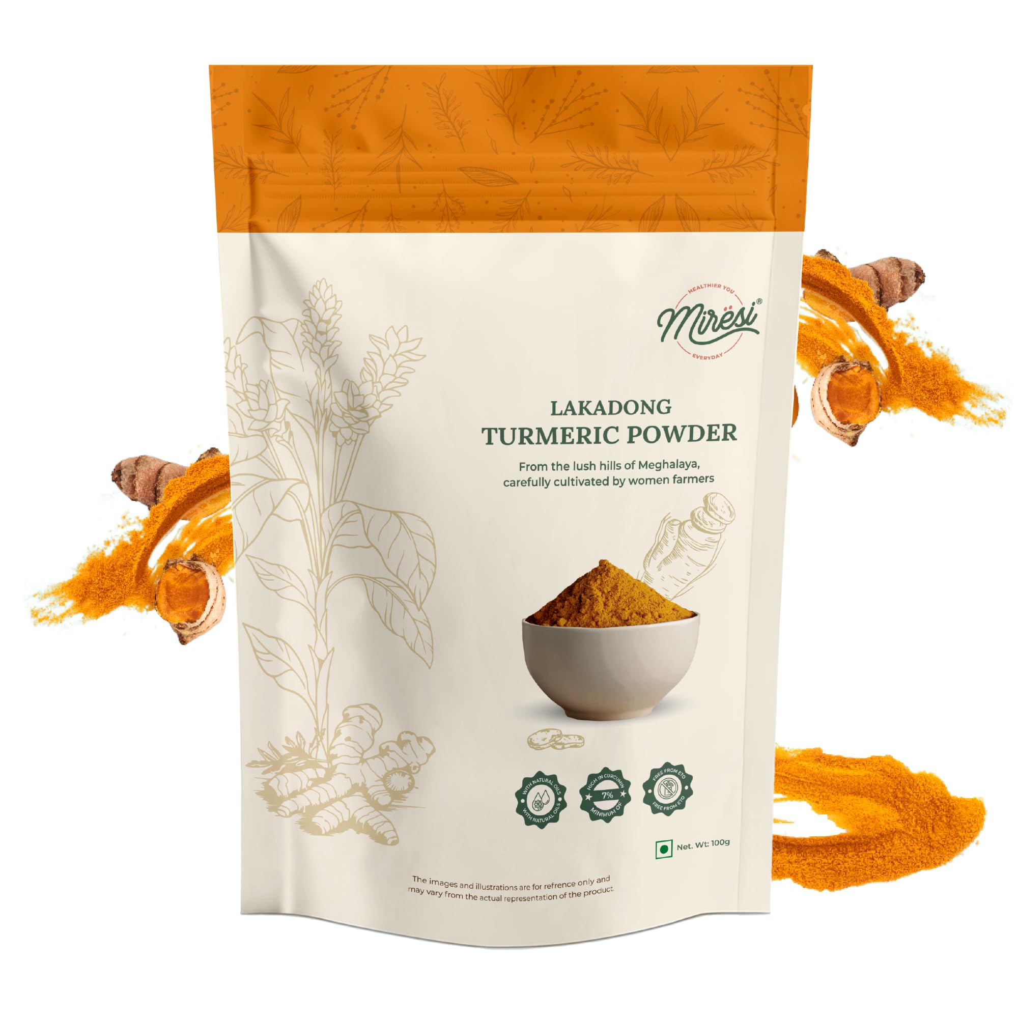 Miresi Lakadong Turmeric Powder, 7% Curcumin - Lead Chromate Free, ETO Free, Sustainably Sourced, 100g (Pack of 2)