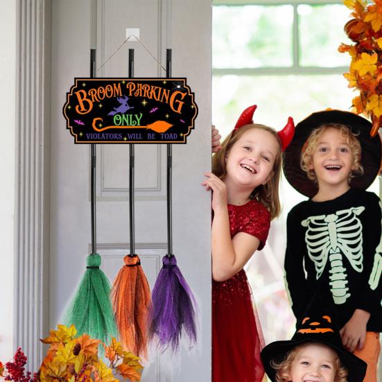 Halloween Broom Parking Sign with 3 Wooden Witch Brooms Solid Wood Hanging Decoration Halloween Decor Broom Parking Sign for Front Porch Wall