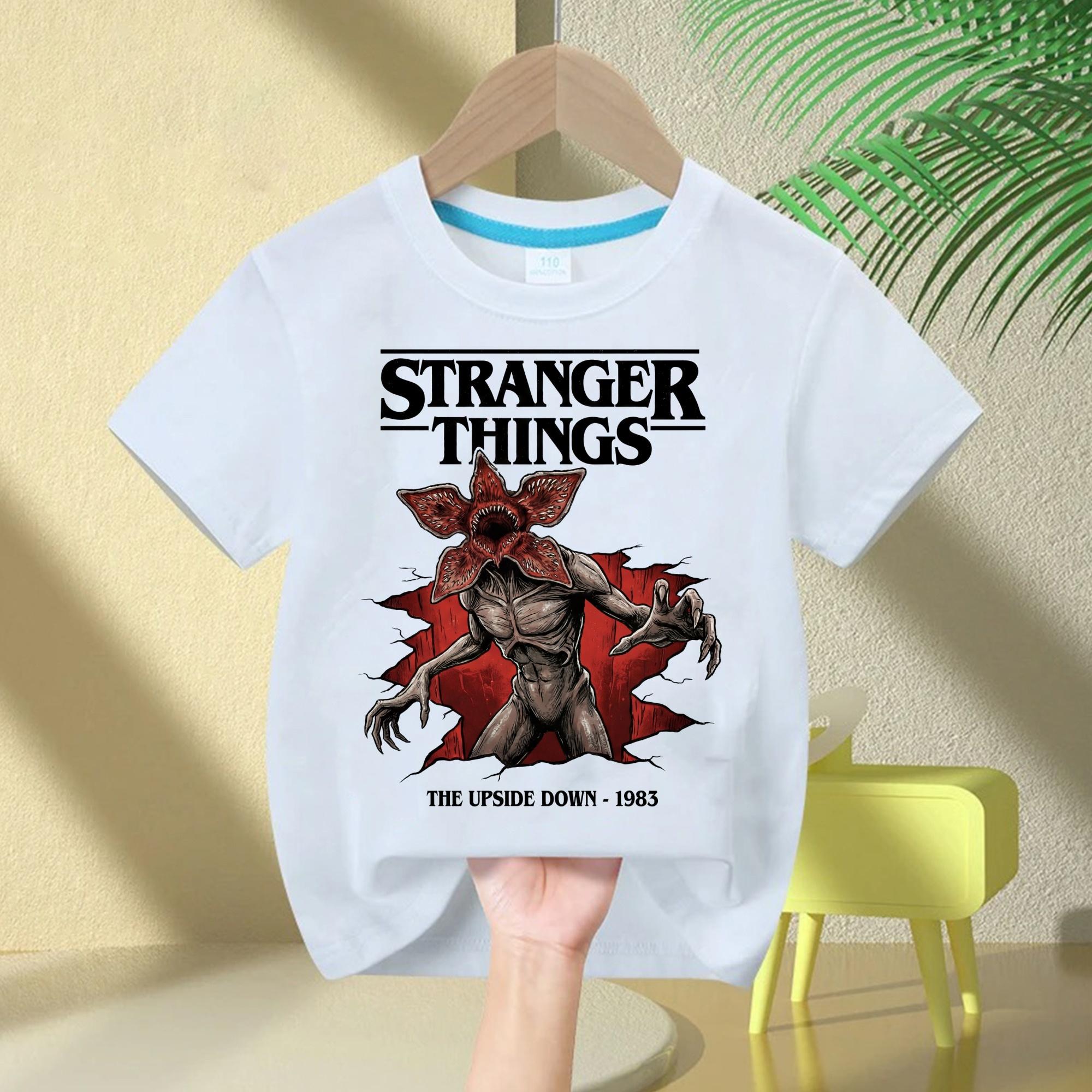 Stranger Things Childrens Pure Cotton Printed Tshirt 2026 Summer Fashion Top for Boys and Girls Round Neck and Breathable 100