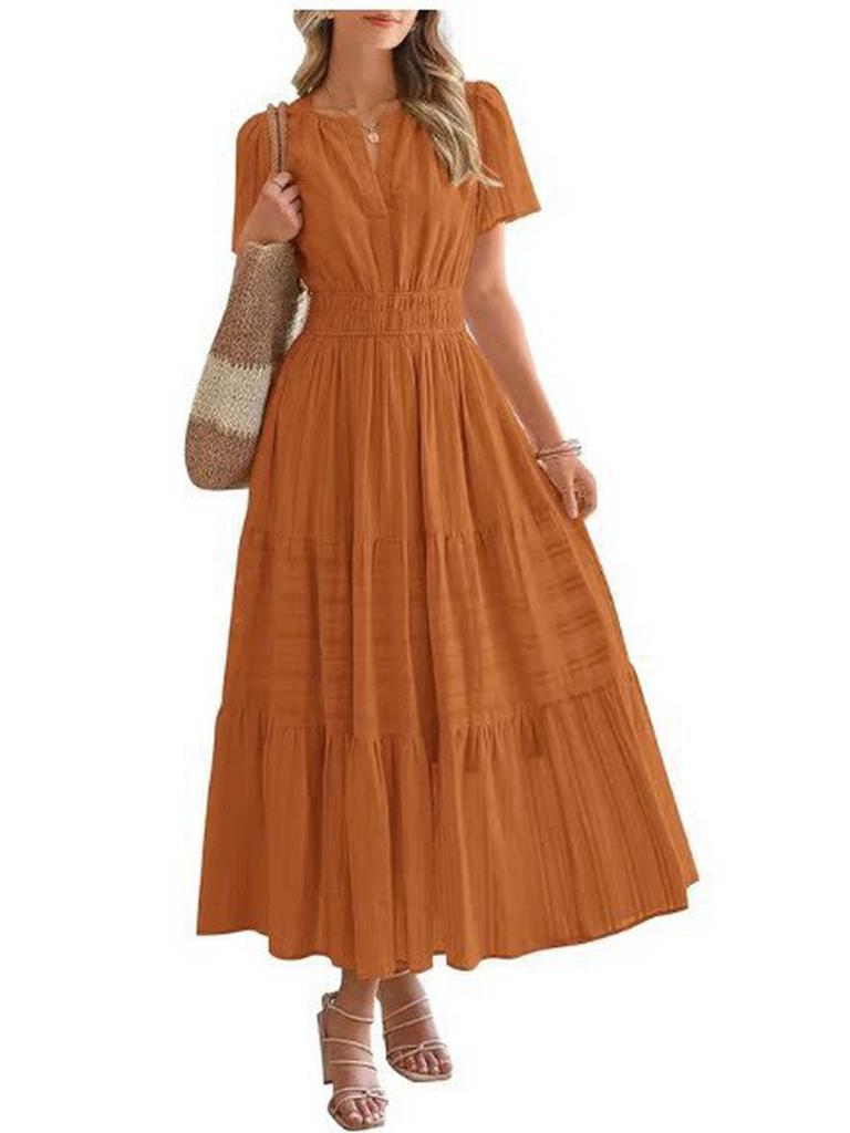 Spring/Summer Women's Fashion V-Neck Ruffled Bubble Sleeve Layered Maxi Dress for Women