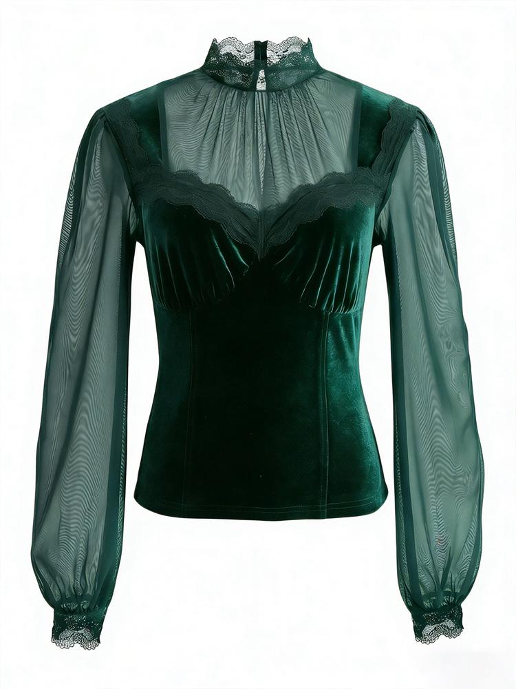 Elegant Spliced Mesh Bell Sleeve Lace-up Waist Top - Spring/Autumn 2026 Collection