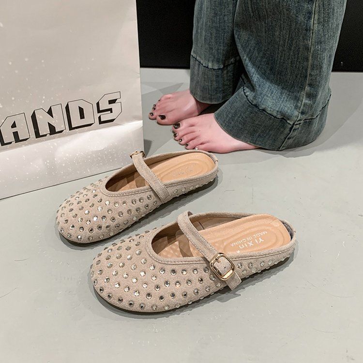 

Сумка со стразами, полушлепанцы женские 2025 весна, новая плоская подошва, круглый носок, темпераментные, продвинутые одинарные туфли, универсальные популярные шлепанцы 40 бежевый