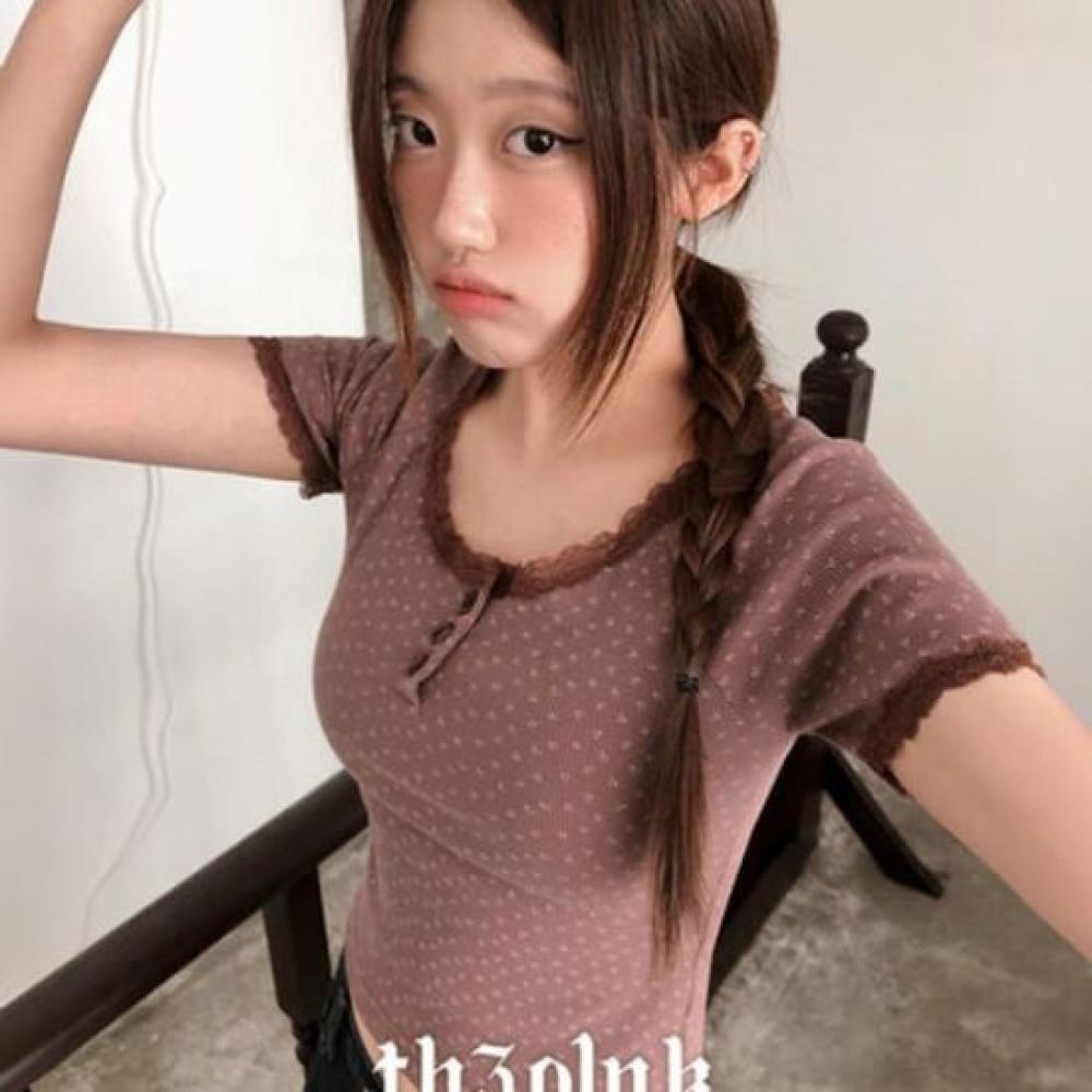 The Pink Women Slim FiT Flower Lace BuTTon ShorT Sleeve T shirT