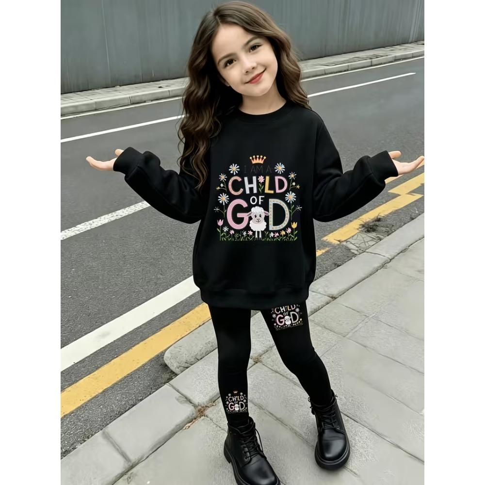 Girls' Child God Letter Casual Comfortable Soft Loose Pullover Sweatshirt and Leggings 2-Piece Set, New Autumn/Winter, Playful, Sweet and Cool Style