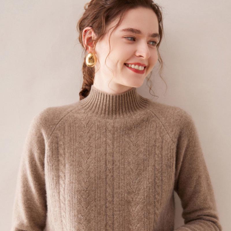 Women's 100% Wool Jacquard Sweater, Half-High Neck, Loose Knit Pullover for Autumn/Winter