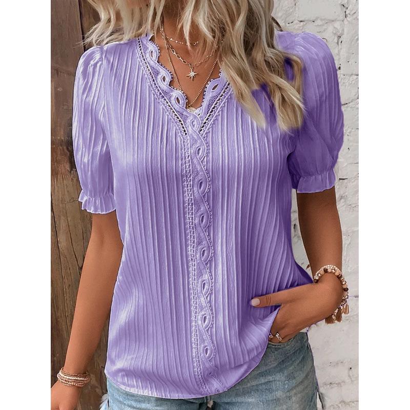 2023 Summer Women's European and American Fashion Hollow Short-Sleeve Shirt