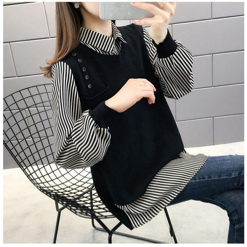 Korean Fashion Fake Two Pieces Blouse Women Casual O-neck Long Sleeve Patchwork Tops