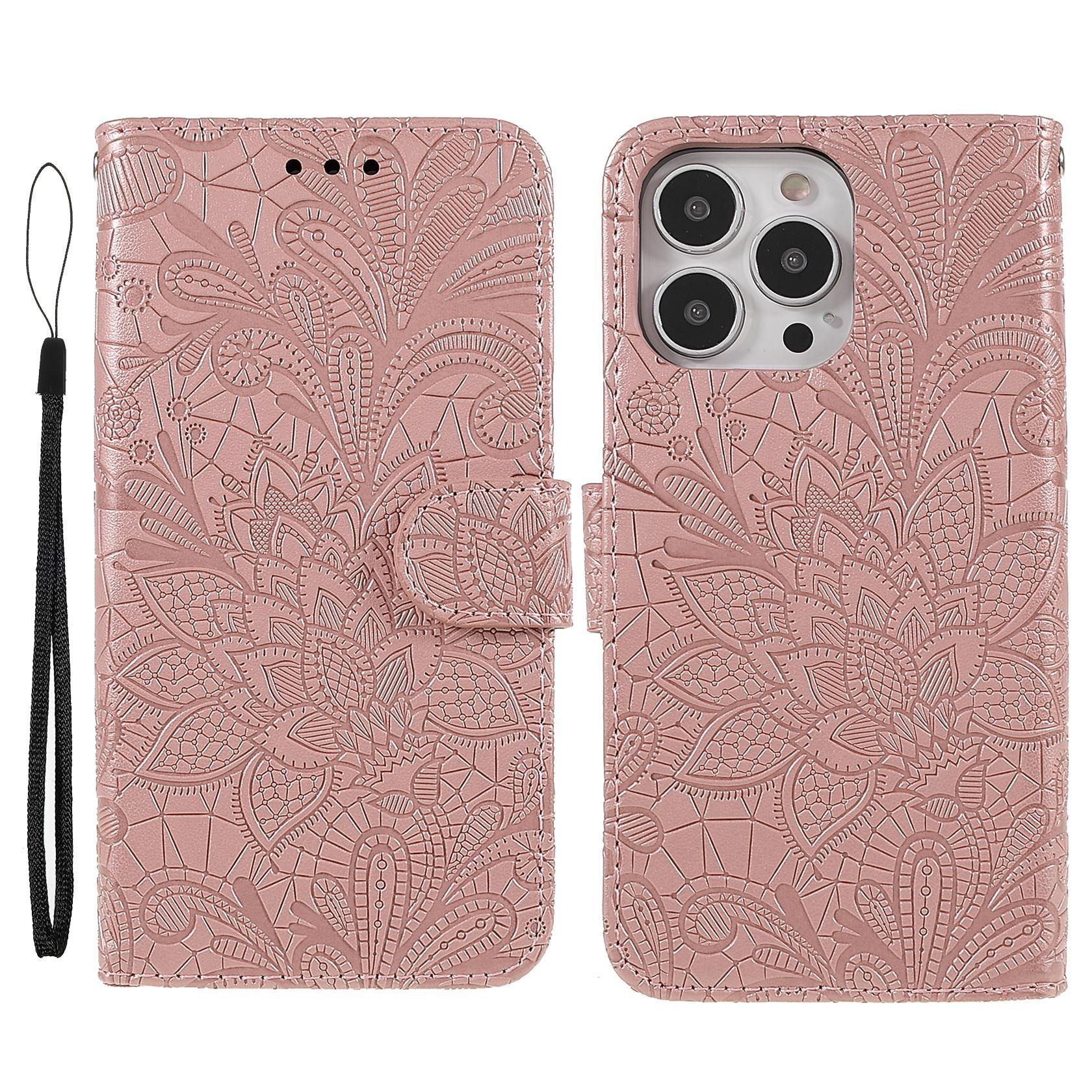 

For iPhone 15 Pro Case Lace Flowers PU Leather Flip Wallet Phone Cover Rose Gold