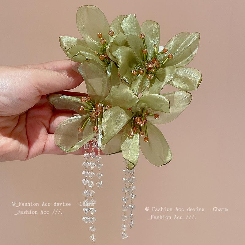 Silver Needle Crystal Tassel Flower Mesh Earrings - Elegant Niche Dangle for Women