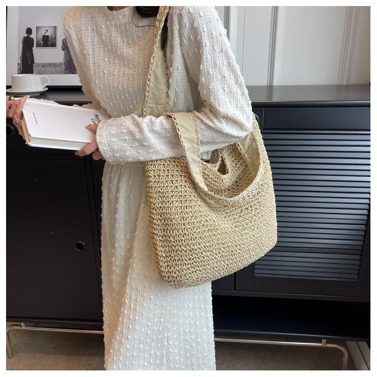 Handtasche Neue Lässige Schultertasche Strandurlaub Große Kapazität Pendler Tragetasche Gewebte Stroh Tragetasche für Damen