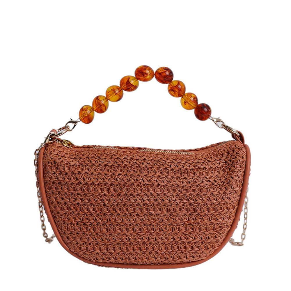 

Fashion Straw Bag Handmade Metal Chain Crossbody Bag Casual Summer Beach Handbag Women коричневый