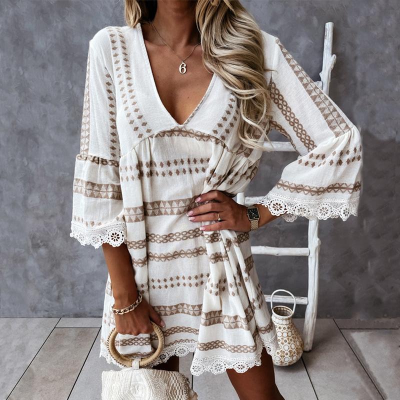 

Женское летнее повседневное платье с длинным рукавом и V-образным вырезом, с принтом и кружевными манжетами XXL абрикосовый