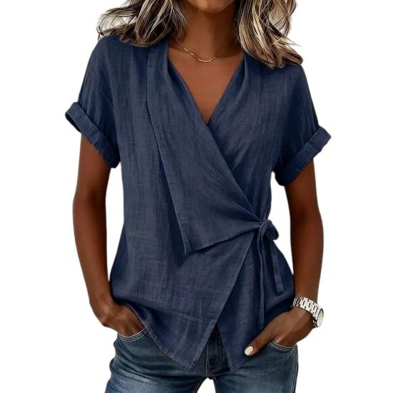 Women Tops V Neck Short Sleeve Pure Color Shirt with Side Tie Irregular Loose Fit Tee Shirt Summer Daily Wear