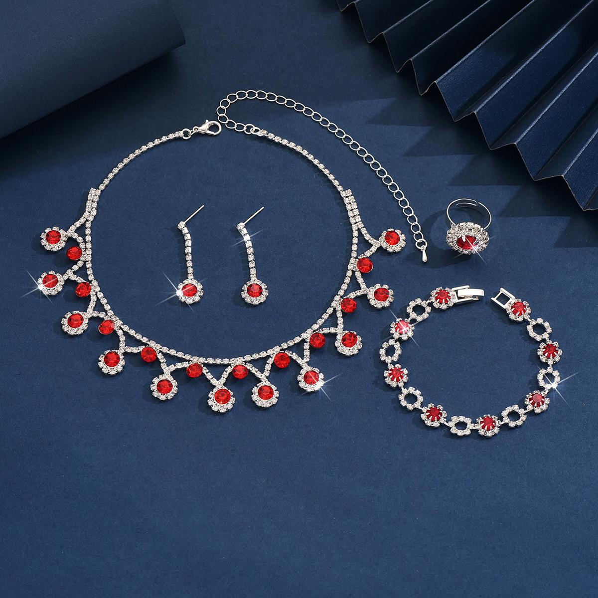 

5PC Women s Fashion Geometric Flower Necklace Earrings Bracelet Rings Zircon Set Wedding Party Festival Gift-8533